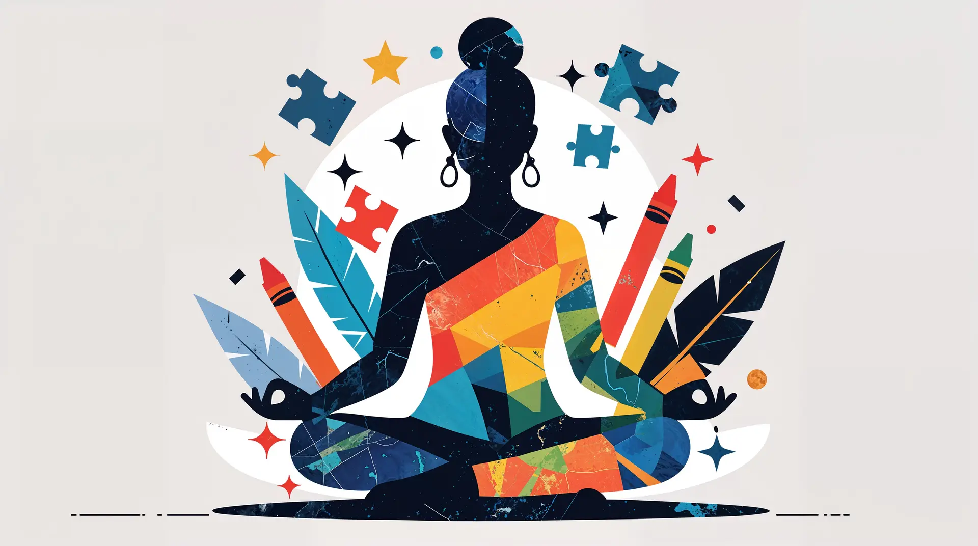 Silhouette of woman sitting cross-legged with hands in a mudra resting on knees