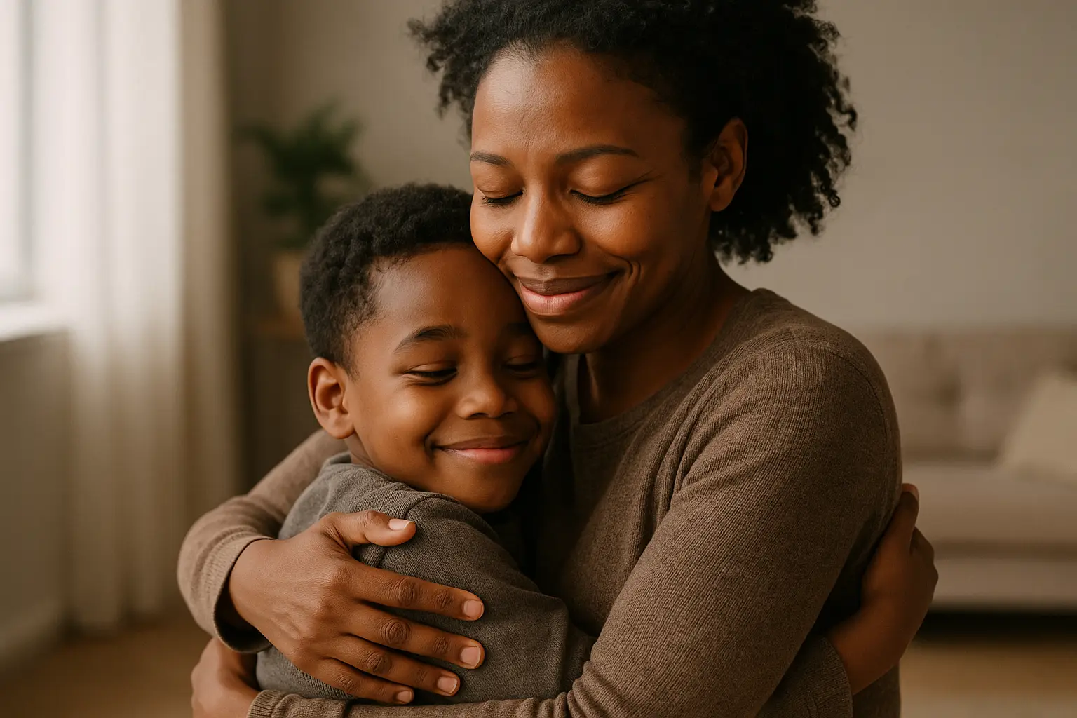 A black mom embracing her black son. The picture shows the warmth of their relationship
