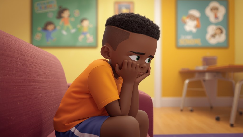 cartoon image of angry boy on a couch in a school office. Fists clenched.